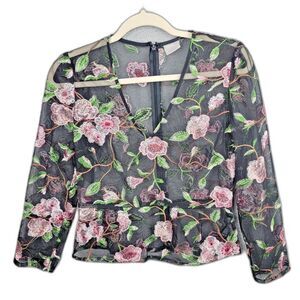 ASOS Peplum Top Black 6 Floral Embroidered Sheer Mesh Coquette V Neck